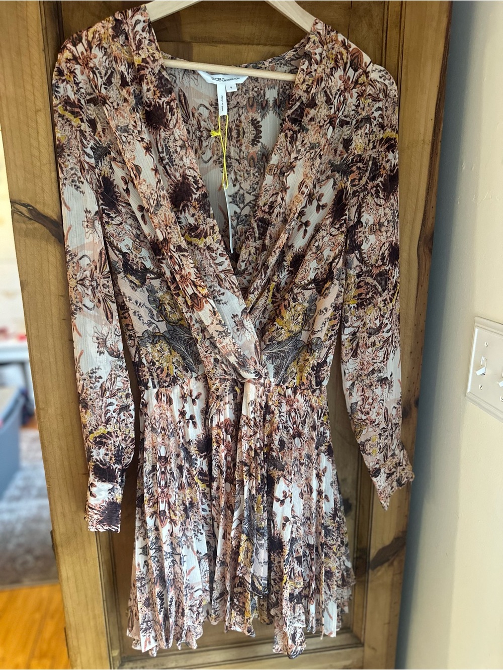 BCBGeneration Floral Faux Wrap Dress in Cream and Brown New Small